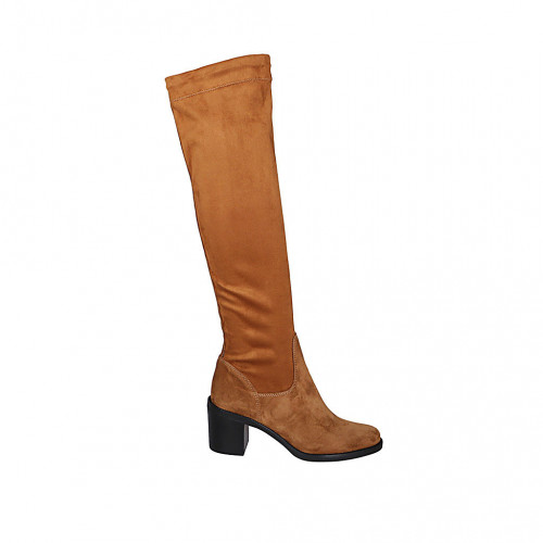 Woman's boot in tan suede and elastic material heel 6 - Available sizes:  42, 43