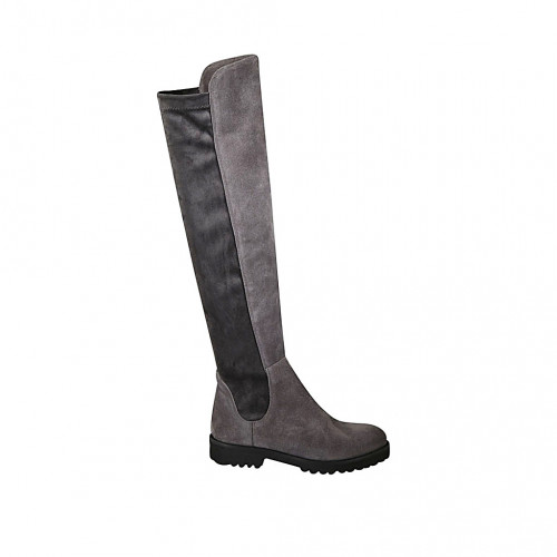 Botas a la rodilla para mujer en gamuza y material elastico gris con tacon 3 - Tallas disponibles:  33