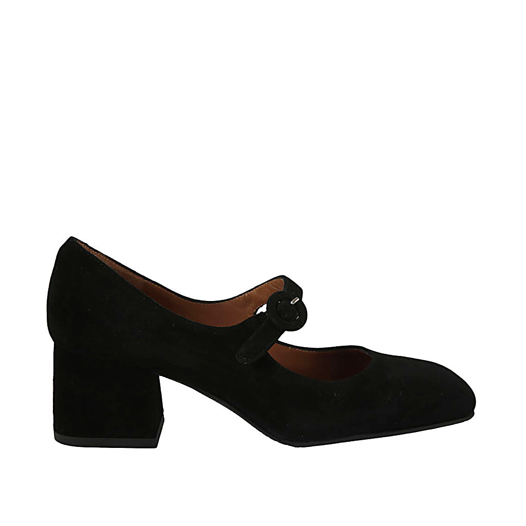 Zapato de salón con cinturon para mujer en gamuza negra tacon cuadrado 5