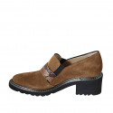 Woman's highfronted shoe with elastics and buckle in brown suede and printed leather heel 5 - Available sizes:  43, 44