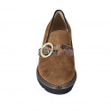 Woman's highfronted shoe with elastics and buckle in brown suede and printed leather heel 5 - Available sizes:  43, 44