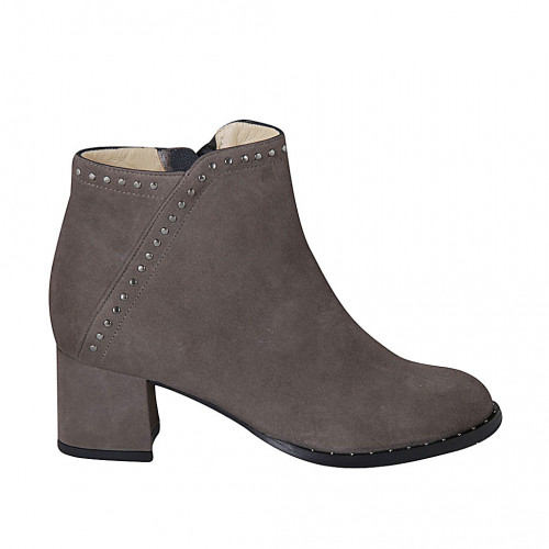 Woman's ankle boot with zipper and studs in grey suede heel 5 - Available sizes:  42, 43, 44