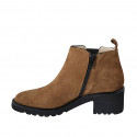 Woman's ankle boot with zipper, studs and elastic band in cognac brown suede heel 5 - Available sizes:  43
