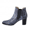 Woman's pointy ankle boot with elastic bands in blue printed leather heel 7 - Available sizes:  32, 42, 43