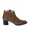 Woman's pointy ankle boot with zipper and studs in brown suede heel 5 - Available sizes:  32, 42, 44