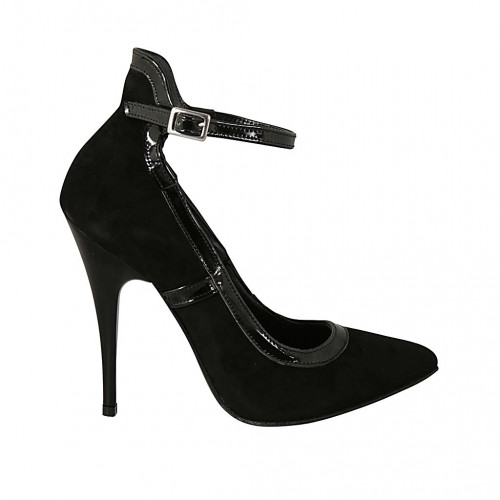 Zapato de salon para mujer en gamuza y charol negro con correa al tobillo tacon 11 - Tallas disponibles:  31