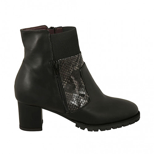 Woman's ankle boot in black leather and printed leather with zipper, removable insole and elastic band heel 5 - Available sizes:  32, 43