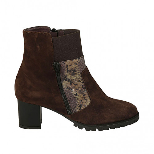 Woman's ankle boot in brown suede and printed leather with zipper, removable insole and elastic band heel 5 - Available sizes:  43