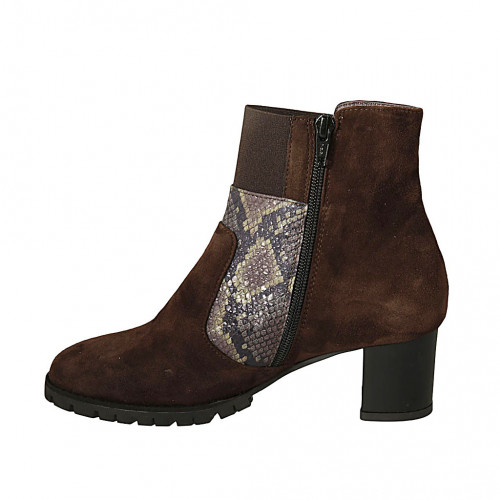 Botines para mujer con cremallera, plantilla extraible y elastico en gamuza  y piel estampada marron tacon 5