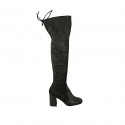 Woman's knee-high boot in black elasticized suede and leather with lace and half zipper heel 7 - Available sizes:  33, 34, 42