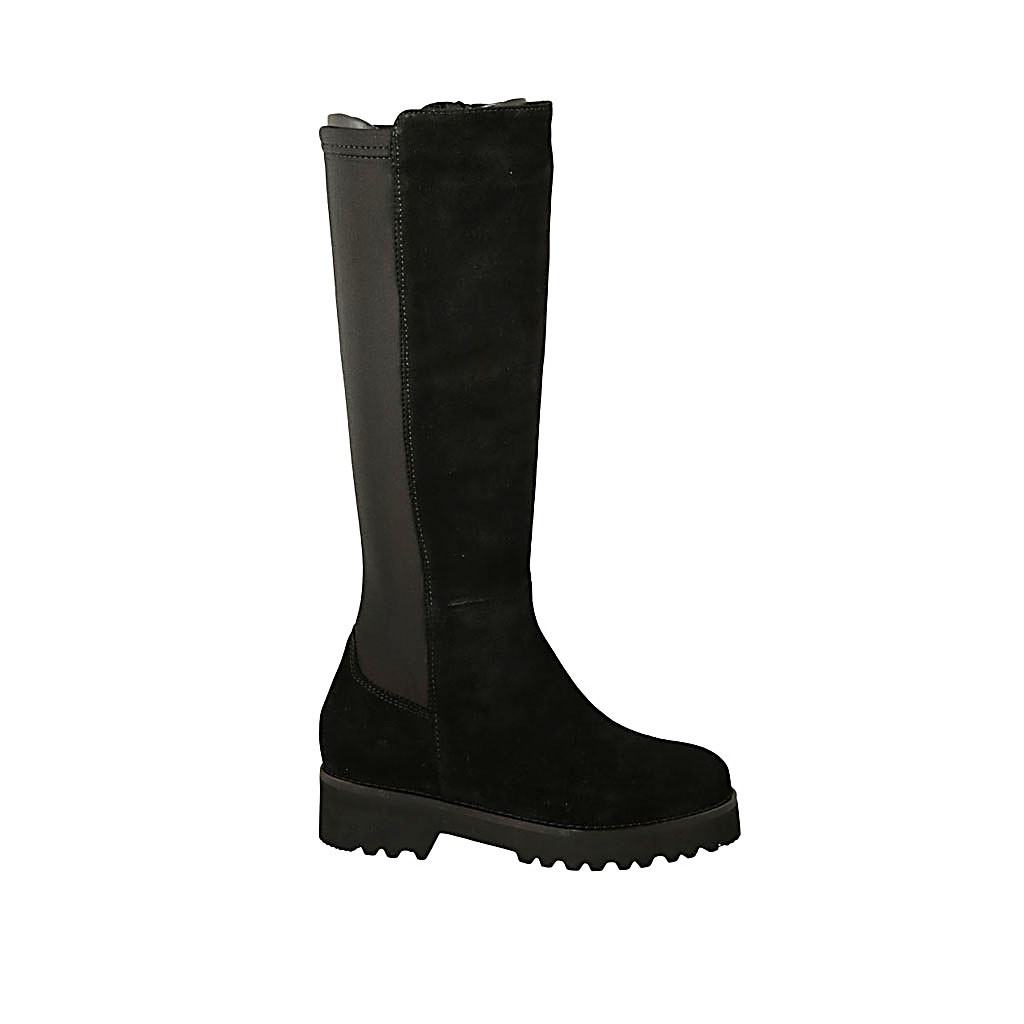 Botas para mujer con plantilla extraible y cremallera en gamuza y tejido  elastico negro tacon 4