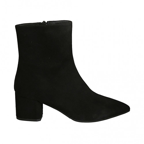 Woman's pointy ankle boot with zipper in black suede block heel 6 - Available sizes:  33, 42