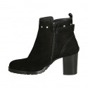 Woman's ankle boot with zipper, studs and buckle in black suede heel 7 - Available sizes:  42, 43