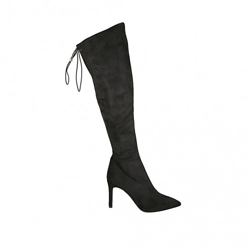 Bottes au genou à bout pointu pour femmes en daim elastique noir avec lacets et fermeture éclair talon 8 - Pointures disponibles:  34