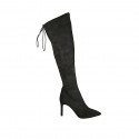 Woman's knee-high pointy boot in black elasticized suede with lace and zipper heel 8 - Available sizes:  34