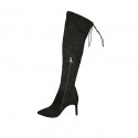 Woman's knee-high pointy boot in black elasticized suede with lace and zipper heel 8 - Available sizes:  34