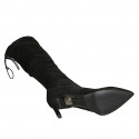 Botas a punta y a la rodilla para mujer en gamuza elastica negra con cordones y cremallera tacon 8 - Tallas disponibles:  34