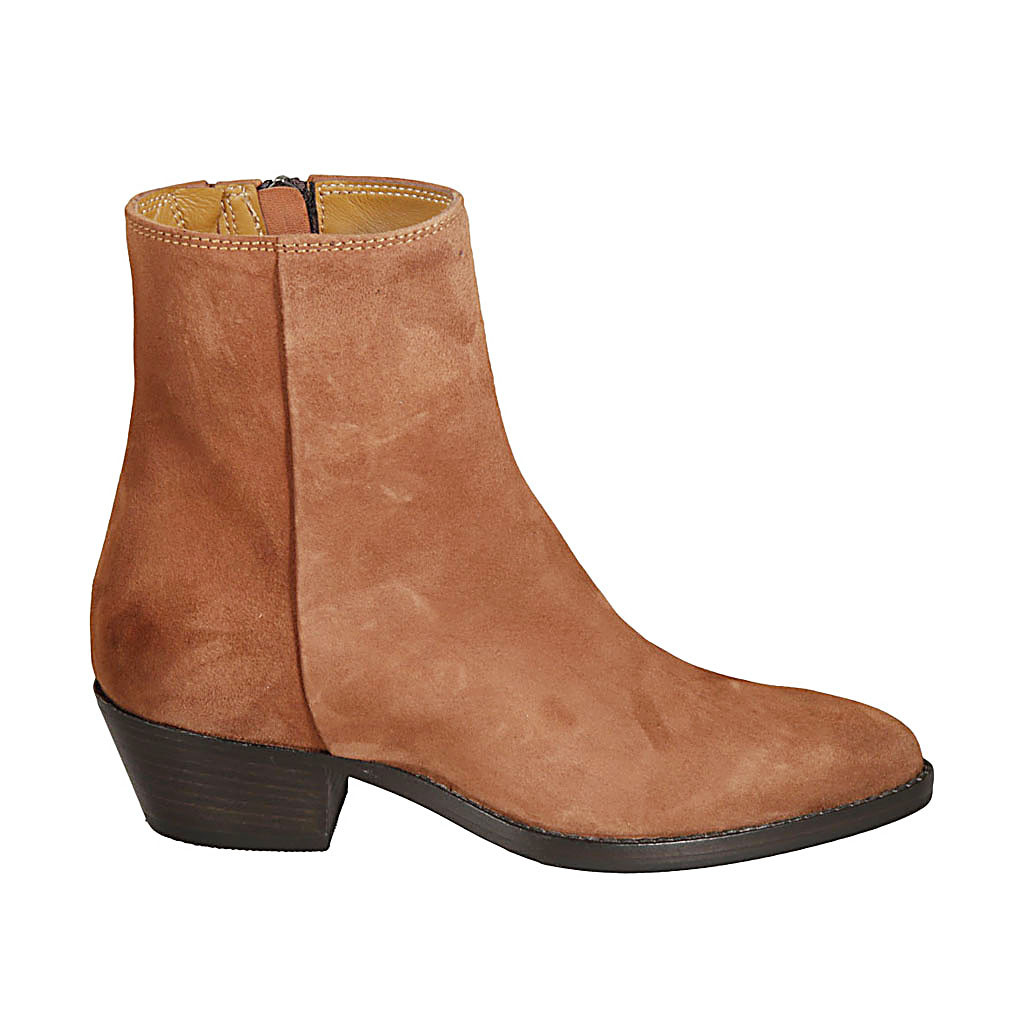 Botines tejanos para mujer con cremallera en gamuza brun claro tacon 4