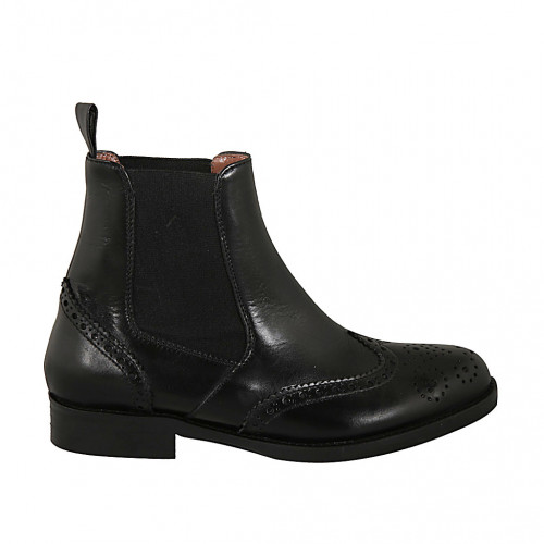 Woman's ankle boot in black leather with elastic bands and Brogue decoration heel 3 - Available sizes:  32