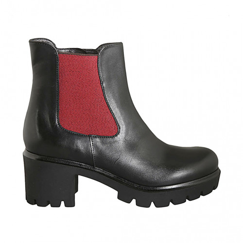 Woman's ankle boot with zipper and red elastic band in black leather heel 5 - Available sizes:  44