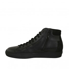 Men's laced casual shoe with zipper and removable insole in black leather and suede - Available sizes:  47 2