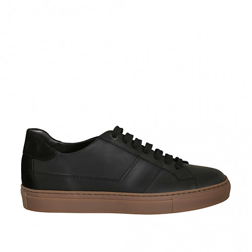 Men's laced sports shoe in black leather and suede with removable insole - Available sizes:  38, 47, 49