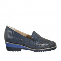 Woman's highfronted shoe with elastic bands and removable insole in blue pierced leather heel 4 - Available sizes:  42, 43, 45