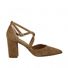 Woman's pointy open shoe with crossed strap in beige suede heel 8 - Available sizes:  43