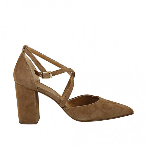 Woman's pointy open shoe with crossed strap in beige suede heel 8 - Available sizes:  43