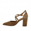 Woman's pointy open shoe with crossed strap in beige suede heel 8 - Available sizes:  43