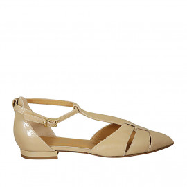 Woman's pointy open shoe with strap in beige patent leather heel 2 - Available sizes: 42