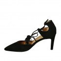 Chaussure ouverte pour femmes avec lacet à la cheville en daim noir talon 8 - Pointures disponibles:  33, 34, 44, 46