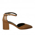 Woman's pointy open shoe with strap in cognac brown leather heel 6 - Available sizes:  45