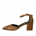 Woman's pointy open shoe with strap in tan brown leather heel 6 - Available sizes:  45