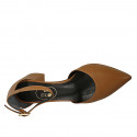 Woman's pointy open shoe with strap in cognac brown leather heel 6 - Available sizes:  45