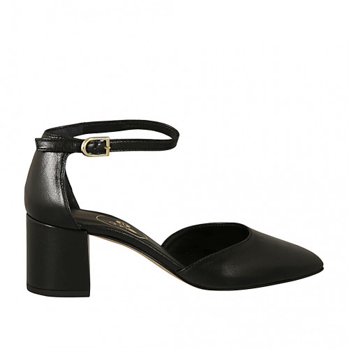 Zapato abierto puntiagudo con cinturon para mujer en piel negra tacon 5 - Tallas disponibles:  44