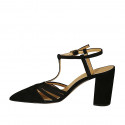 Zapato destalonado para mujer con cinturon al tobillo en gamuza negra tacon 8 - Tallas disponibles:  32, 42