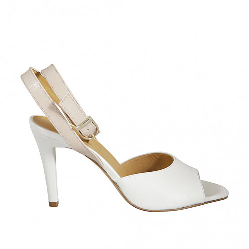 Woman's sandal with ankle strap in white leather and nude patent leather heel 9 - Available sizes:  31, 46