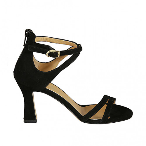 Zapato abierto para mujer con cinturon y cremallera en gamuza negra tacon 8 - Tallas disponibles:  32, 43