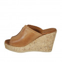 Woman's platform mules in tan brown leather wedge heel 9 - Available sizes:  43
