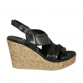 Woman's sandal in black leather with platform and wedge heel 9 - Available sizes:  42, 43