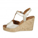 Woman's strap sandal with platform in platinum laminated leather wedge heel 9 - Available sizes:  42, 43, 45