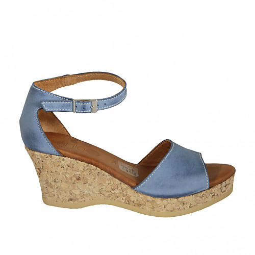 Woman's open shoe with strap and platform in light blue leather wedge heel 7 - Available sizes:  43