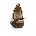 Woman's ballerina shoe in pierced beige leather and tan brown and dark brown leather with bow wedge heel 3 - Available sizes:  32