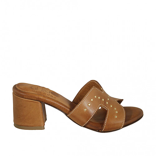 Woman's mules in tan brown leather with studs heel 5 - Available sizes:  32, 33
