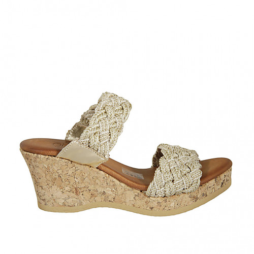 Woman's mules in braided fabric and platinum leather with studs, platform and wedge heel 7 - Available sizes:  42, 43