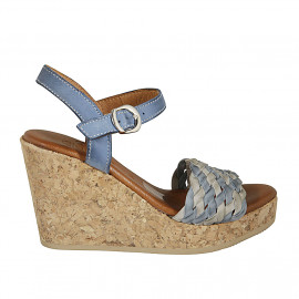 Woman's sandal in blue grey and grey leather and braided leather with strap and platform wedge heel 9 - Available sizes: 42, 43