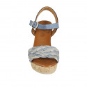 Woman's sandal in blue grey and grey leather and braided leather with strap and platform wedge heel 9 - Available sizes:  42, 43, 44, 45