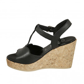 Woman's sandal in black leather with strap, platform and wedge heel 9 - Available sizes:  42, 43 2