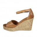 Woman's open shoe with strap and platform in cognac brown leather wedge heel 9 - Available sizes:  43
